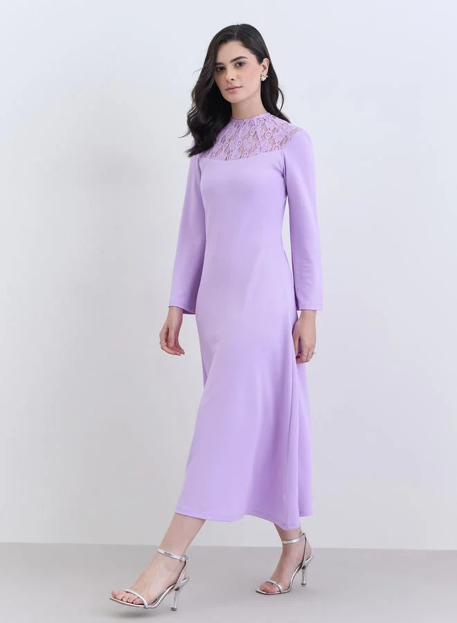 Styli Women Purple Lace Detail Long Sleeves Midi Dress